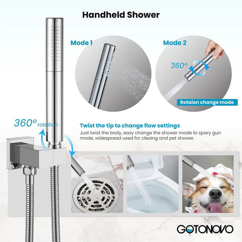 All In One Ceiling Mount Shower System With 12 Inch Rainfall Showerhead And Handheld Sprayer, chrome finish, 360-degree rotation function