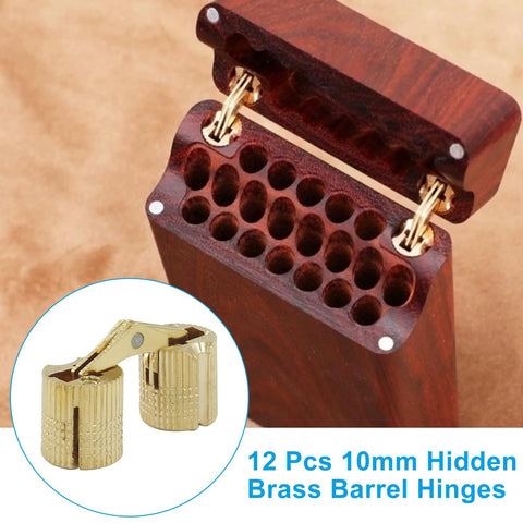 Close-up of 12 Pack 10mm Hidden Brass Barrel Hinges For Jewelry Boxes And DIY Hand Craft installed on a wooden box.