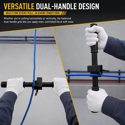 Heavy Duty Manual Wire Tugger Fishing Tool For Electricians To Pull Mule Tape, Fish Tape, And Ropes With Easy Grip Ergonomic Design dual-handle usage.