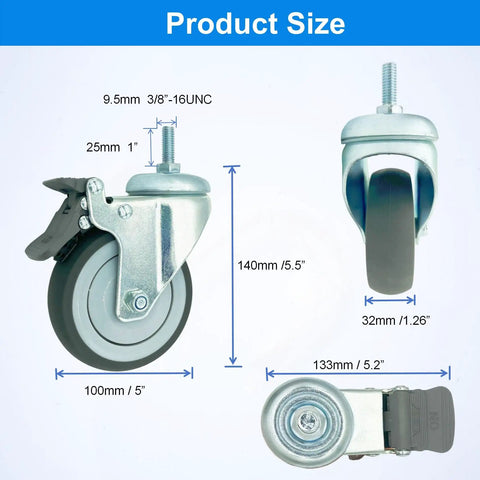 Heavy Duty 4 Inch Swivel Caster Wheels With Aluminum Brake And Standard Threaded Stem, Set Of 4, size measurements displayed.