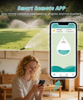 Woman uses phone app to control Smart WiFi Water Timer for garden hose, showing sprinklers in action with 2 zone brass inlets.
