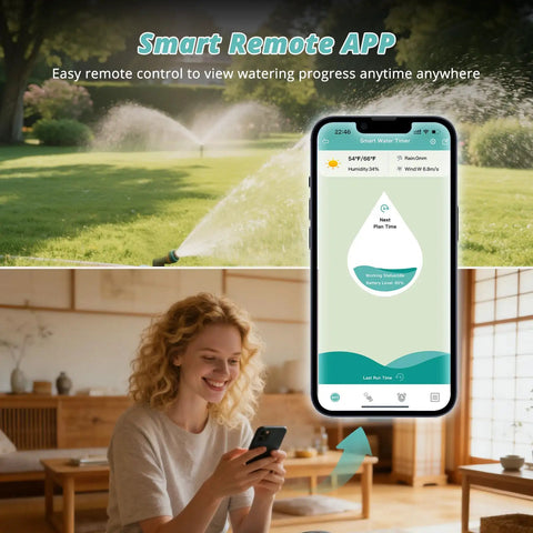 Woman uses phone app to control Smart WiFi Water Timer for garden hose, showing sprinklers in action with 2 zone brass inlets.