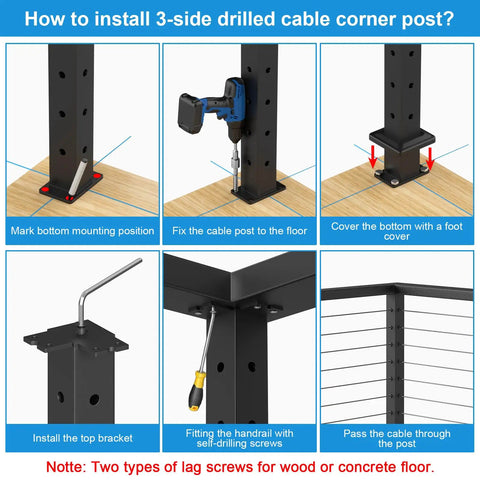 How to install Heavy Duty Black Cable Railing Corner Post For Decks with steps for surface mount setup.