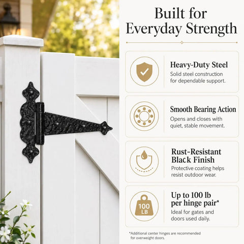 6 Inch Decorative Hammered Tee Hinges Two Pack Built To Last Heavy Duty Black T Strap Gate Hinges on wooden gate