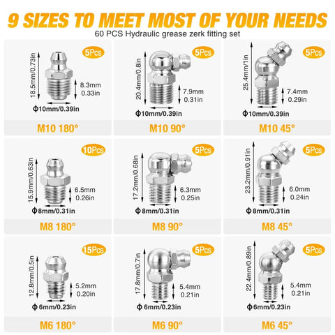 60 Piece Zerk Grease Fittings Kit With Straight 45 90 Degree Angles In M6 M8 M10 Metric Grease Nipple Assortment chart
