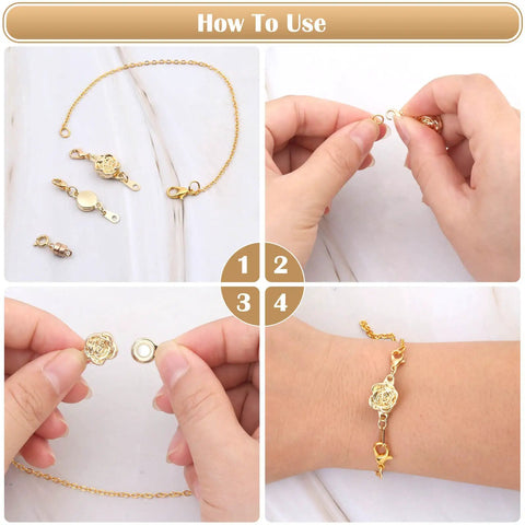 18 Pcs Magnetic Necklace Clasp Set With 3 Styles In Gold And Silver, featuring step-by-step usage with bracelet and clasp close-ups