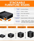 Diagram of Heavy Duty Adjustable Bed Risers Set 4 Pack With 2, 3 And 4 Inch Lift Blocks, showing dimensions and materials.