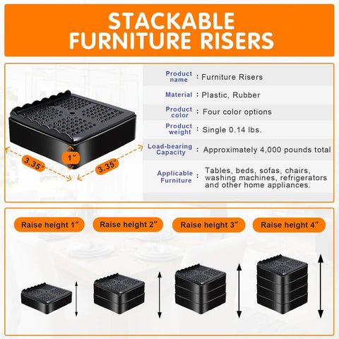 Diagram of Heavy Duty Adjustable Bed Risers Set 4 Pack With 2, 3 And 4 Inch Lift Blocks, showing dimensions and materials.