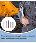 Mechanic holding wrench with slotted roll pins next to engine; 120 Piece Spring Pin Kit In 5 Sizes 304 Stainless Steel Slotted Roll Pins GB879