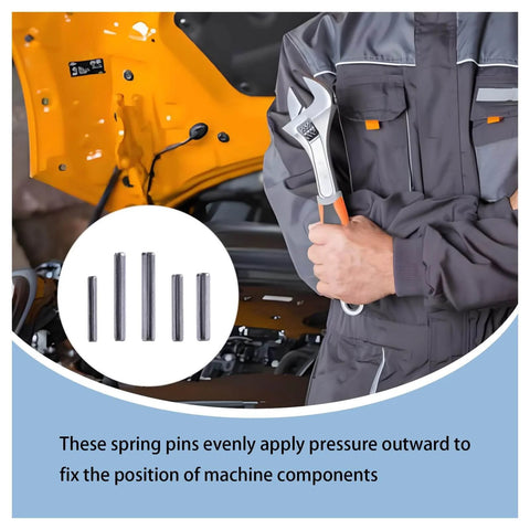 Mechanic holding wrench with slotted roll pins next to engine; 120 Piece Spring Pin Kit In 5 Sizes 304 Stainless Steel Slotted Roll Pins GB879