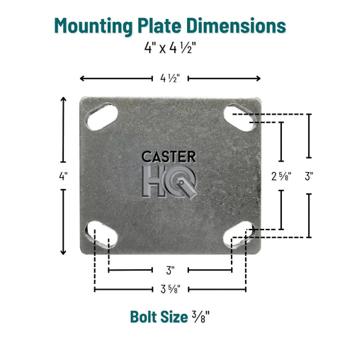 Mounting plate dimensions for 8 Inch Air Filled Pneumatic Swivel Caster Smooth Rollin Rig, 4" x 4.5", steel plate with bolt size 3/8".