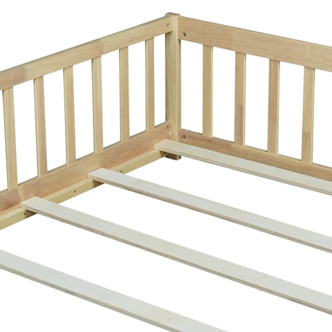 Rock Solid Full Size Montessori Floor Bed With Safety Rails, Natural Solid Wood Kids Sleep Platform showing sturdy slats and safety rails.