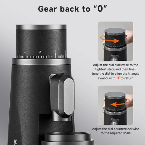 Premium Electric Coffee Grinder With 48MM Conical Burrs, dial adjustment details for grind settings and precision.