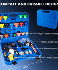 Grease Monkey Approved 31-Piece Coolant Pressure Tester Kit With 23 Radiator Adapters showing tools in a blue carrying case.