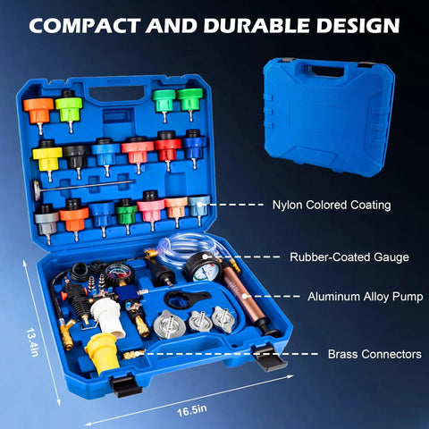 Grease Monkey Approved 31-Piece Coolant Pressure Tester Kit With 23 Radiator Adapters showing tools in a blue carrying case.