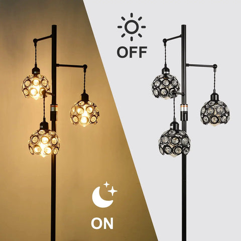 Dimmable Crystal Floor Lamp With Industrial Farmhouse Style, 3 Light Black Standing Lamp shown on and off, side by side view