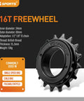 16T Freewheel For Single Speed Bikes One Half By One Eighth Inch Chain Compatible Threaded Type Replacement Part With 34.1mm Inner Diameter And 1.375mm Pitch Built From Beefy High Tensile Steel For Smooth Shifts And Easy Install Black, shown with specs and uses.
