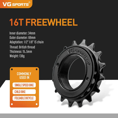 16T Freewheel For Single Speed Bikes One Half By One Eighth Inch Chain Compatible Threaded Type Replacement Part With 34.1mm Inner Diameter And 1.375mm Pitch Built From Beefy High Tensile Steel For Smooth Shifts And Easy Install Black, shown with specs and uses.