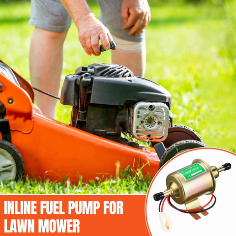 Two Pack 12V Low Pressure Inline Fuel Pump Kit 4 To 7 PSI Universal Gas And Diesel Pumps with lawn mower in use