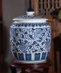 Heavy Duty Ceramic Grain Storage Jar With Lock Tight Seal Keeps Rice Flour Snacks And Coffee Beans Fresh While The Blue And White Chinoiserie Design Hits Different And Level Up Your Kitchen Setup, showcasing intricate floral patterns.
