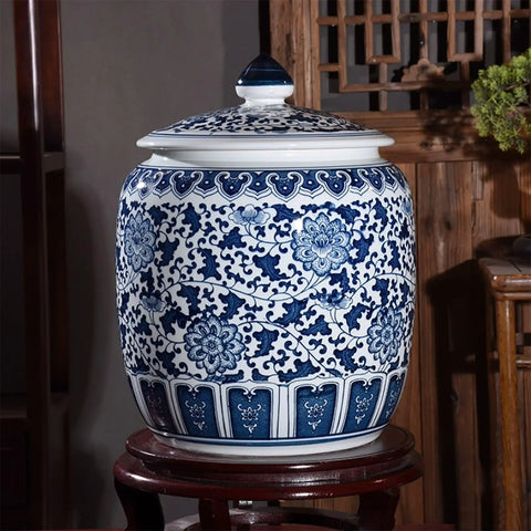 Ceramic Rice Bucket Kitchen Sealed Jar With Lid Grain Dispenser Smooth Pour Glazed Blue White Pantry Canister For Coffee Beans Snacks Keeps Bulk Goods Crisp And Ready To Roll with intricate floral design.