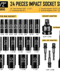 1/2 Inch Drive SAE Impact Socket Set 3/8 to 1-1/2 Inch 6-Point Deep Sockets With Portable Case Rugged CR-V Steel 24-Piece Kit