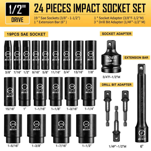 1/2 Inch Drive SAE Impact Socket Set 3/8 to 1-1/2 Inch 6-Point Deep Sockets With Portable Case Rugged CR-V Steel 24-Piece Kit