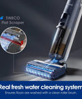 Smart Cordless Wet And Dry Vacuum Mop Combo Cleans Hard Floors Without Breaking A Sweat And Sweeps Up Stubborn Pet Hair Like A Boss With Auto Sensor Tech And Crisp Digital Screen showing flat scraper and fresh water cleaning system.