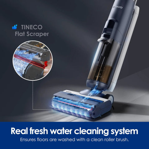 Smart Cordless Wet And Dry Vacuum Mop Combo Cleans Hard Floors Without Breaking A Sweat And Sweeps Up Stubborn Pet Hair Like A Boss With Auto Sensor Tech And Crisp Digital Screen showing flat scraper and fresh water cleaning system.