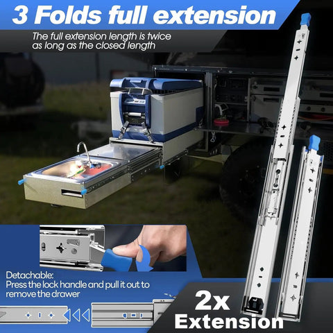 Beefy Heavy Duty Drawer Slides With Lock 32 Inch Full Extension 3 Fold Side Mount Rails 250 Lb Load Capacity Ball Bearing