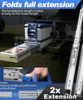 Heavy Duty Drawer Slides with Lock 12 Inch Built To Last for Deep Drawers 3 Fold Full Extension to 24 Inches 250 Lb Load Capacity Side Mount Ball Bearing Rails Industrial Locking Rail Smooth Glide for Cabinets Tool Chests and Drawers shown extended on RV drawer