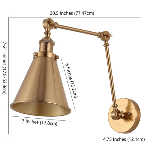 Gold Brass Industrial Swing Arm LED Wall Sconce For Bedroom And Reading Nook, Adjustable Metal Shade, with dimensions shown