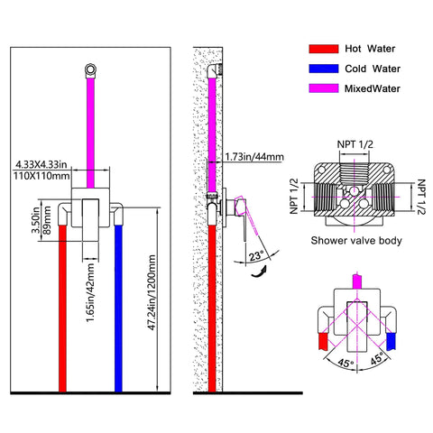 Technical diagram of Wall Mount Shower Mixing Valve Kit With Durable Brass Body, Polished Chrome Trim, Rough-In Valve, Single Handle Control