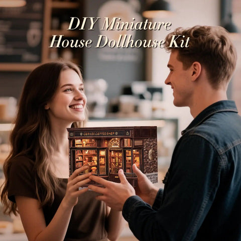 Couple holding DIY Book Nook Kit For Adults And Teens 3D Wooden Miniature Dollhouse Puzzle With LED Light Tiny House Model