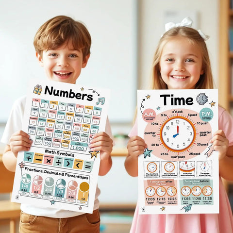 Kids holding Boho Themed 26 Poster Set For Kids Laminated 17x11 Educational Wall Decor with Numbers and Time designs.