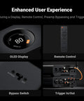ZD3 Desktop DAC Preamp With HDMI ARC And ES9039Q2M Chip featuring OLED display, remote control, bypass switch, trigger in/out.