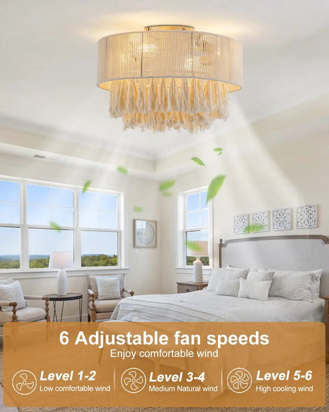 XINGSIYUELYX Ceiling Fan with Light in gold color, featuring adjustable fan speeds, illuminating bedroom decor.
