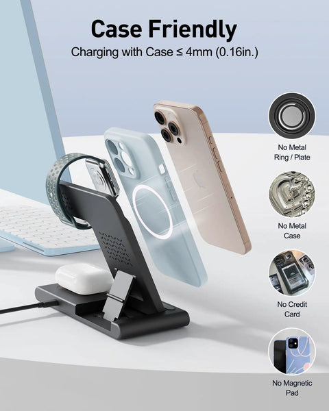Travel Ready 3 In 1 Wireless Fast Charger Station for iPhone, Apple Watch, and AirPods charging through cases, no metal
