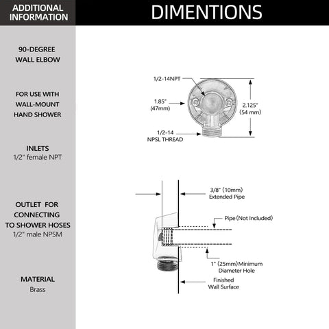 Round Drop Ell Handheld Shower Wall Connector In Wrought Iron Matte Black Finish with 1/2-inch IPS inlet diagram details.