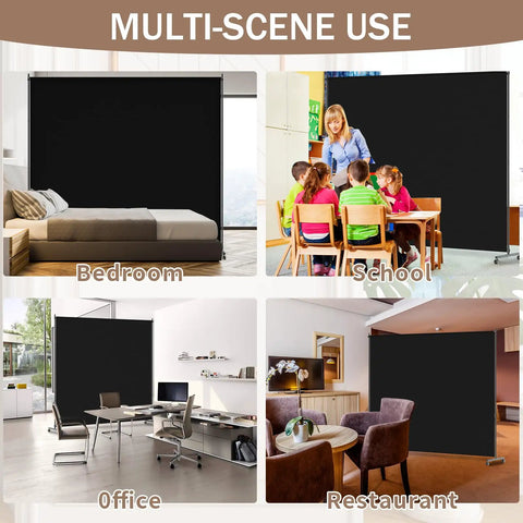 Movable Room Divider With Caster Wheels And Brakes For Easy Moving And Locking In Place 6 Feet By 6 Feet Privacy Screen Black Ideal For Home Office School And Restaurants shown in bedroom, classroom, office, and restaurant settings.