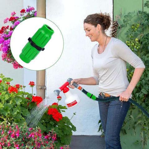 Stop Ditching Your Garden Hose And Get This Expandable Repair Kit With Dual-Channel Hose Connectors For A Watertight Seal That Keeps Pressure High As New Without Leaks Or Annoying Messes On The Lawn, green plastic hose connector on black garden hose