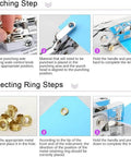 Instructional guide for Eyelet Pliers Kit 3 16th Inch 5mm With 100 Grommets for leather, fabric, belts, shoes, and clothes repair.