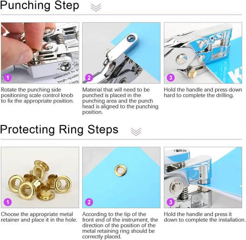 Instructional guide for Eyelet Pliers Kit 3 16th Inch 5mm With 100 Grommets for leather, fabric, belts, shoes, and clothes repair.
