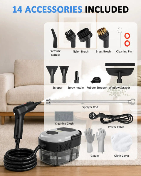 Quick 15 Second Heat Up Handheld Steam Cleaner With High Pressure For Deep Cleaning Grease And Grout Stains Without Harsh Chemicals Compact Portable Design showing included accessories.