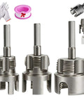 Heavy Duty Pipe Tapping And Threading Tool For PVC Pipes kit showing 1/2, 3/4, 1 inch size threading attachments.