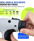 Adjustable tension control on Ergonomic Cable Tie Gun For Heavy Duty Zip Ties with a hand adjusting the tension setting.