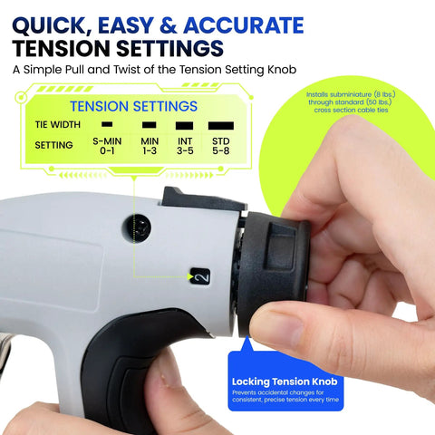 Adjustable tension control on Ergonomic Cable Tie Gun For Heavy Duty Zip Ties with a hand adjusting the tension setting.