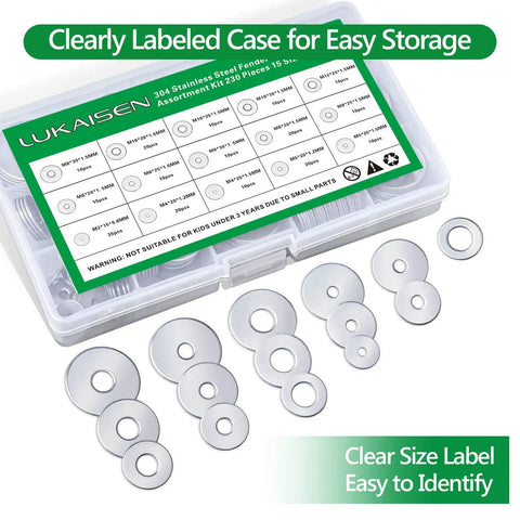 230 Piece Large Flat Washer Set In 304 Stainless Steel With 15 Sizes M3 M4 M5 M6 M8 M10 M12 Fender Washers case display