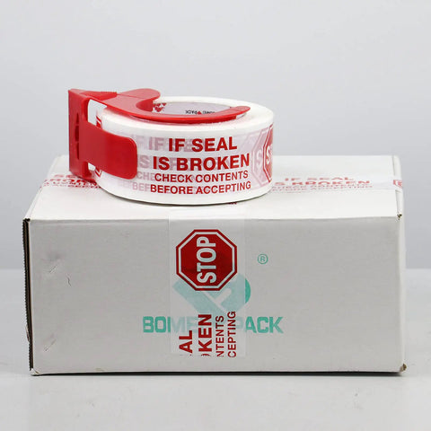 Roll of Security Packing Tape With Pre Printed If Seal Is Broken Check Contents Before Accepting Seal Integrity Message on box
