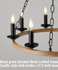 Close-up of wood grain finished Eight-Light Farmhouse Wagon Wheel Chandelier with E12 bulb base and candle style holders.